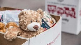 Toys for Tots donation box with Teddy Bear
