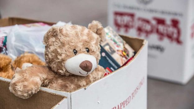 Toys for Tots donation box with Teddy Bear