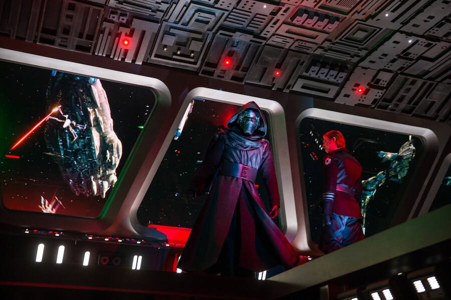 Guests come face to face with First Order Supreme Leader Kylo Ren as they stumble into the bridge of a Star Destroyer in Star Wars: Rise of the Resistance