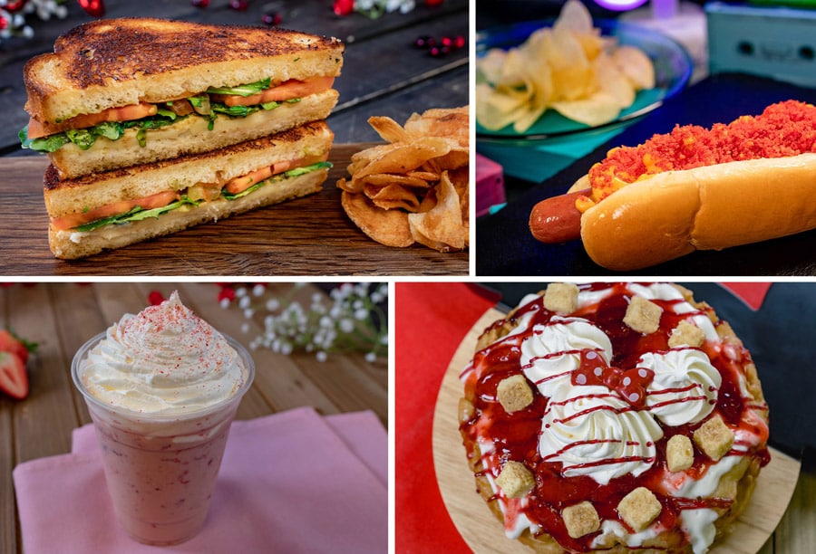 2020 Valentine’s Season Offerings at Disneyland Park - Toasted Caprese Sandwich, Burnin’ Hot Mac and Cheese Dog, Strawberry Horchata and Funnel of Love