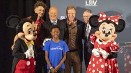Super Bowl MVP Patrick Mahomes, Chairman of Disney Parks, Experiences & Products Bob Chapek, NFL Commisioner Roger Goodell and Make-A-Wish CEO Richard Davis congratulate 10-year-old Nathaniel