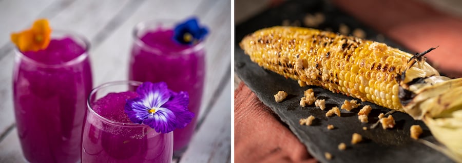 Frozen Desert Violet Lemonade Slush and Grilled Street Corn from the 2020 EPCOT International Flower & Garden Festival