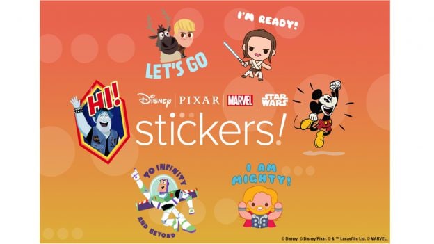 collage of messaging stickers form Disney, Marvel, Pixar and Star Wars