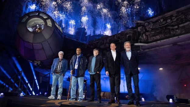 Star Wars icons George Lucas, Harrison Ford, Mark Hamill and Billy Dee Williams joined Disney Chairman Bob Iger for the historic dedication ceremony in front of the fastest hunk of junk in the galaxy, the Millennium Falcon.