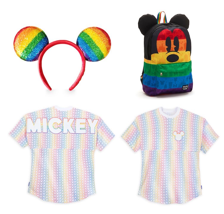 Recognize Pride Month 2020 with the New Rainbow Disney Collection Rainbow Disney Collection items: colorful Mickey Mouse ear headband and matching backpack by Loungefly and front and back of sleeve spirit jersey