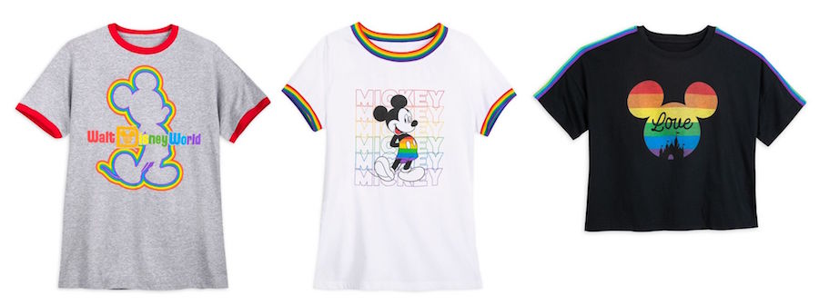 Rainbow Disney Collection items: classic gray ringer tee, rainbow-striped white tee and fashion semi-cropped tee
