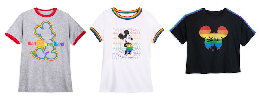 Recognize Pride Month 2020 with the New Rainbow Disney Collection Rainbow Disney Collection items: classic gray ringer tee, rainbow-striped white tee and fashion semi-cropped tee