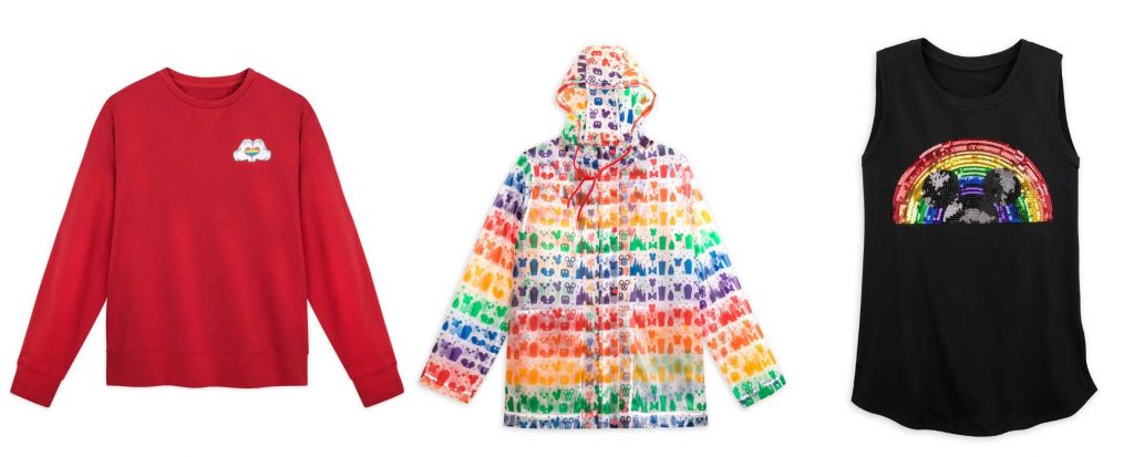 Rainbow Disney Collection items:  embroidered fleece pullover, rain jacket, and colorful tank top with a rainbow of sequins