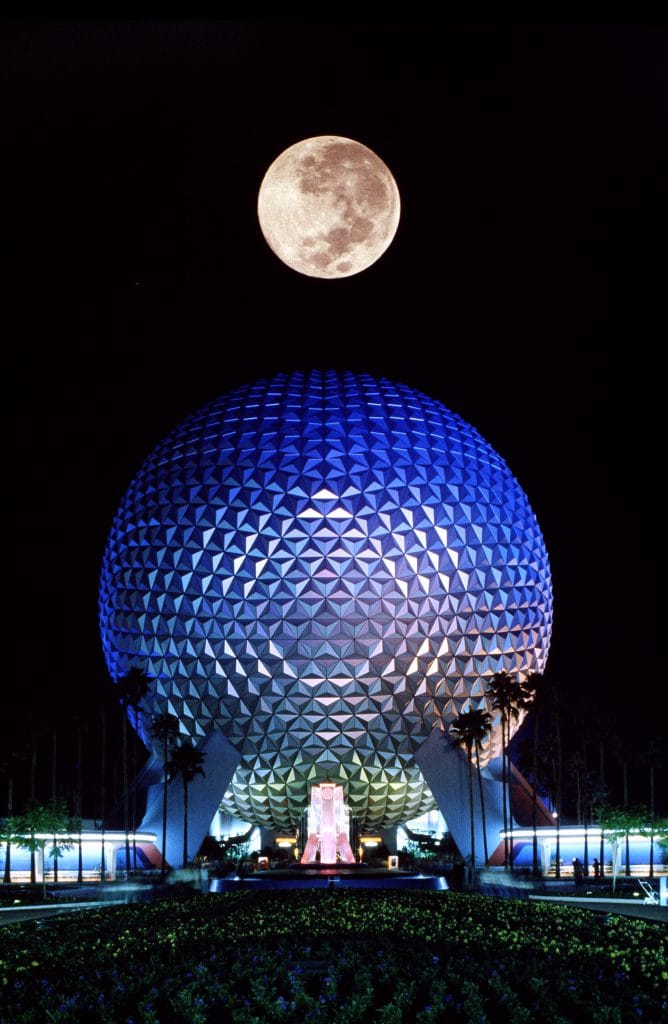 Spaceship Earth lights up the night at EPCOT for the first time in 1982
