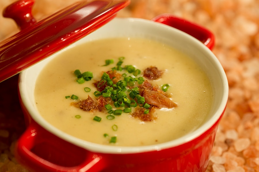 Offerings from Canada Marketplace for the 2020 Epcot Taste of International Food & Wine Festival - Canadian Cheddar and Bacon Soup served with a Prop & Peller® Pretzel Roll 