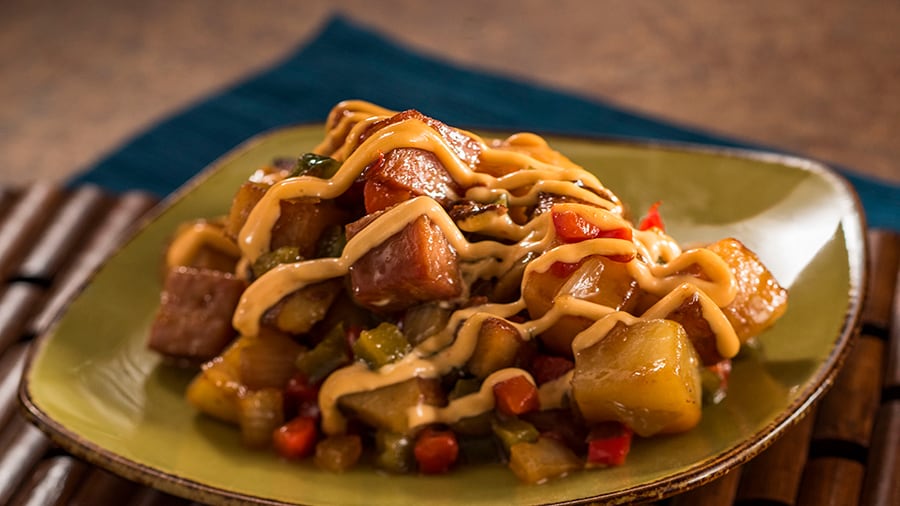 Offerings from Hawai’i Marketplace for the 2020 Epcot Taste of International Food & Wine Festival - Teriyaki-glazed Spam® Hash with Potatoes, Peppers, Onions, and Spicy Mayonnaise 