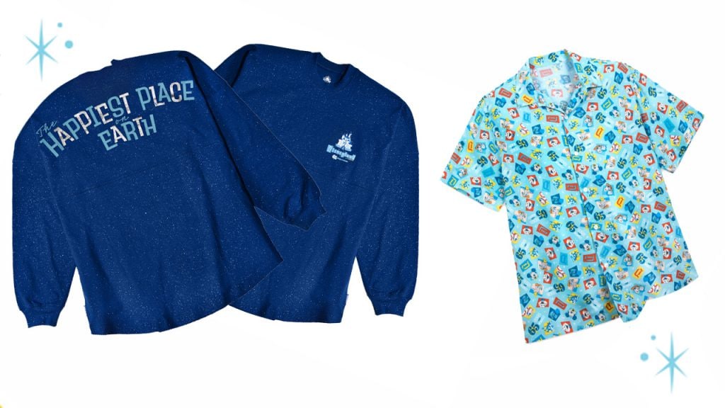 First Look: Disneyland Park 65th Anniversary Merchandise Collection Spirit jersey with “The Happiest Place on Earth” and button-up shirt with some of the beloved icons of Disneyland park