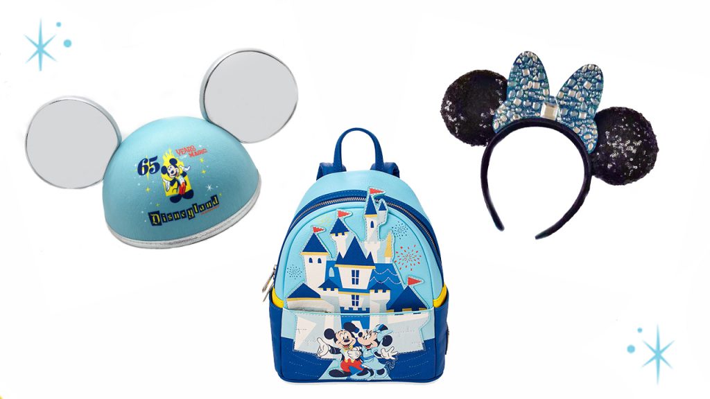 First Look: Disneyland Park 65th Anniversary Merchandise Collection Mini backpack by Loungefly featuring Sleeping Beauty Castle, iconic ear hat and sparkling headband