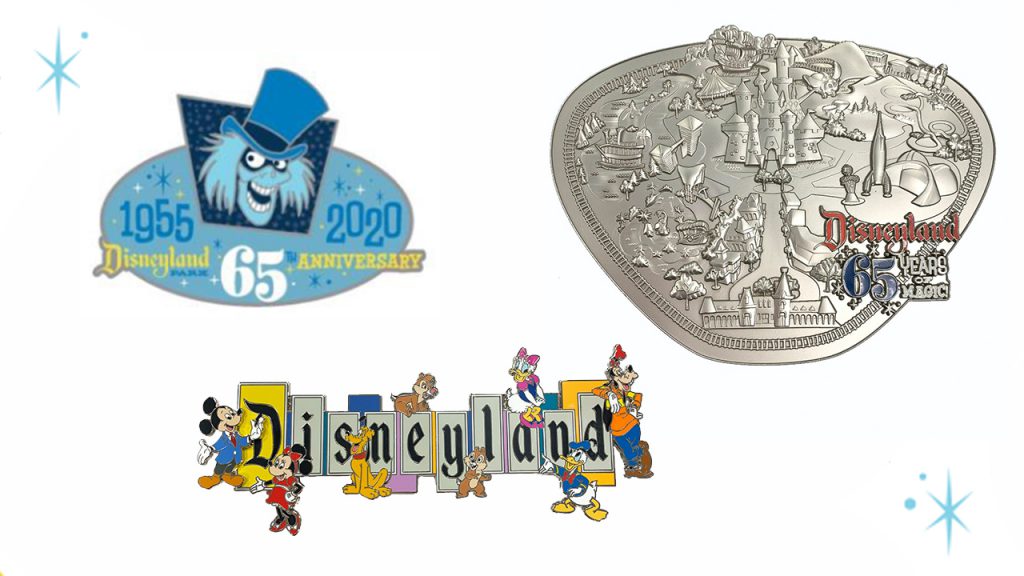 First Look: Disneyland Park 65th Anniversary Merchandise Collection Limited edition pins featuring the Hat Box Ghost, the iconic Disneyland marquee and even a map of the park as seen in 1955