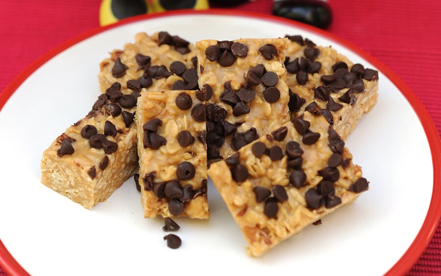 Homemade Disney granola bars with chocolate chips on top