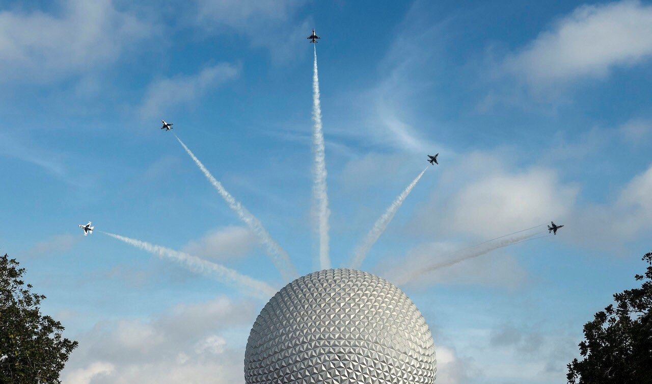 U.S. Air Force Thunderbirds fly over Spaceship Earth at EPCOT