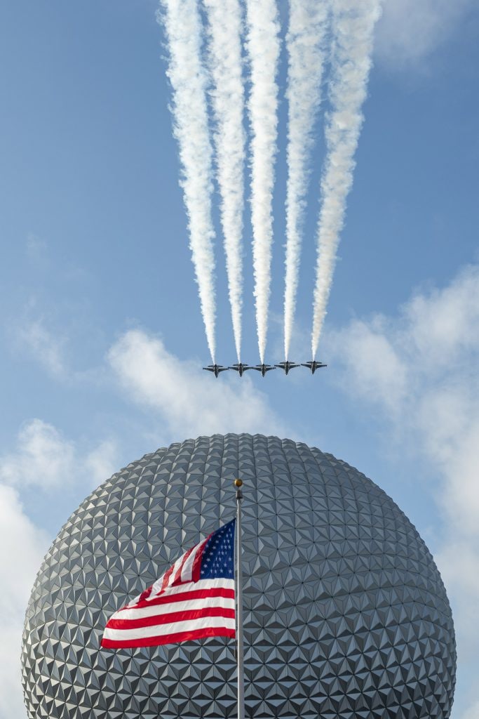 U.S. Air Force Thunderbirds fly over Spaceship Earth at EPCOT