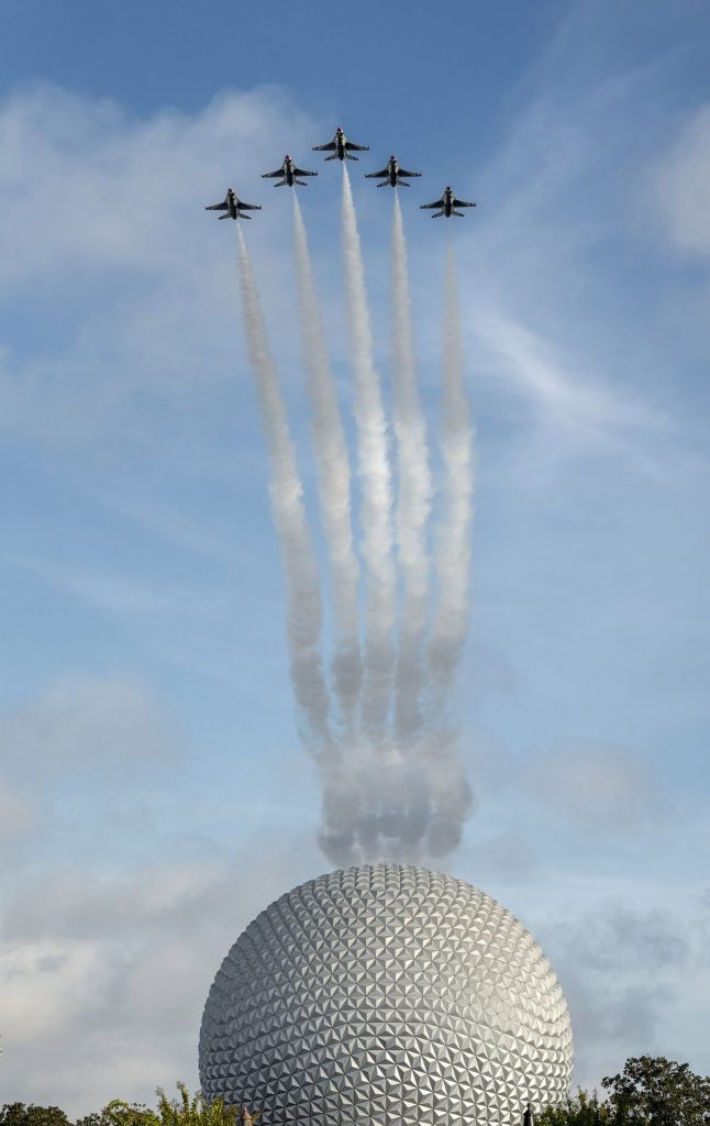 U.S. Air Force Thunderbirds fly over Spaceship Earth at EPCOT