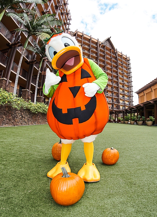 Donald Duck wears a jack o lantern costume at Aulani, a Disney Resort & Spa