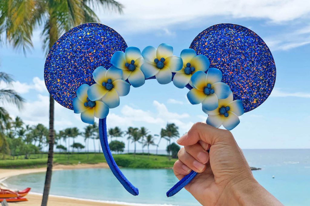 Wishes Come True Blue Minnie Mouse ear headband with plumerias from Aulani, a Disney Resort and Spa