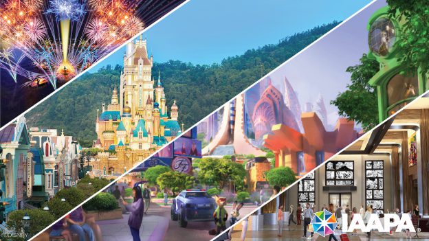 Collage of renderings for upcoming experiences at Disney Parks
