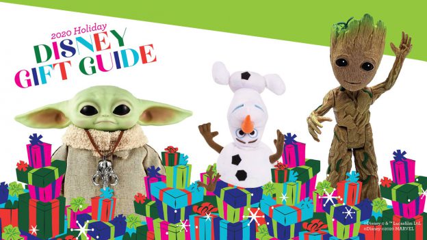 2020 Disney Holiday Gift Guide featuring The Child Real Moves Plush by Mattel , Shape Shifter Olaf plush toy and Interactive Groot Action Figure