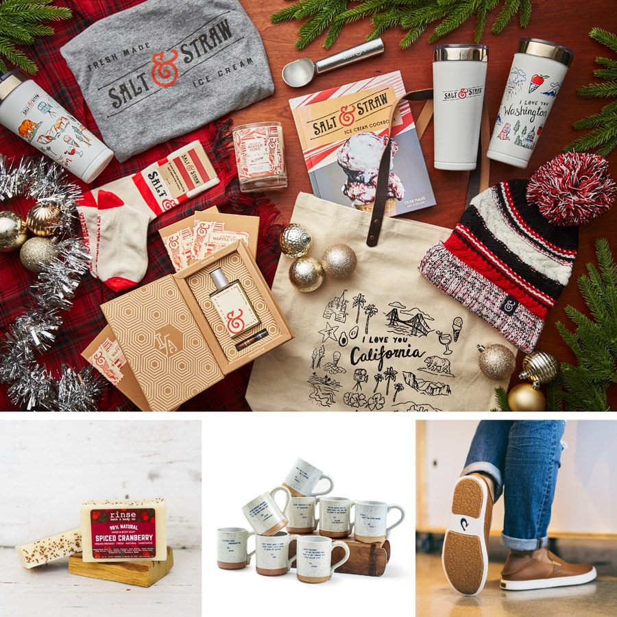 Collage of gifts from Salt & Straw, Rinse Bath & Body Co., Sugarboo & Co. and California Sole