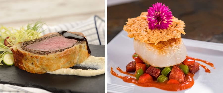 2021 Taste of EPCOT International Festival of the Arts: Beef Wellington: Mushroom Duxelle, Prosciutto, and Puff Pastry with Red Wine Demi-Glace and Fennel Cream and Pan-Seared Scallop with Chorizo, Roasted Red Pepper Coulis, and Parmesan Crisp (Gluten/Wheat Friendly)