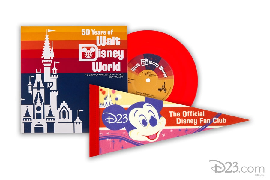 D23’s New Collector Set: Walt Disney World: Then and Now, a “mini-version” of the ultimate theme park souvenir: the theme park soundtrack album and full-sized D23 pennant