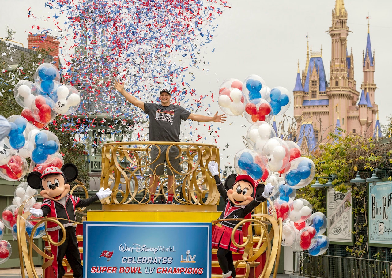Tampa Bay Buccaneers tight end Rob Gronkowski celebrates in a backstage area near Cinderella Castle at Magic Kingdom Park at Walt Disney World Resort