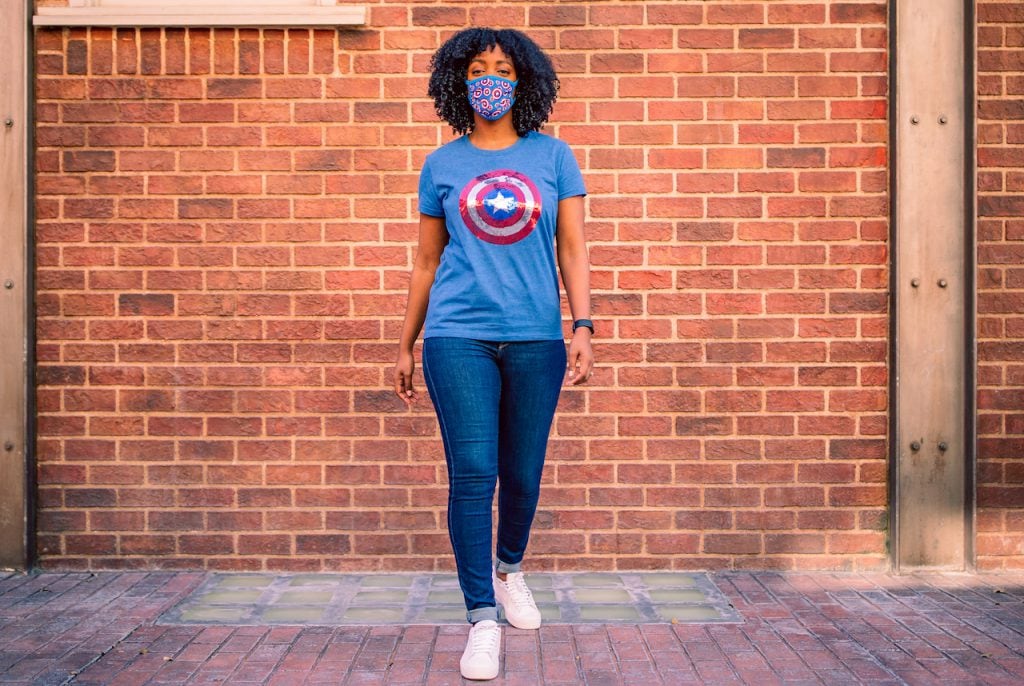 Sequined top featuring the classic Captain America shield