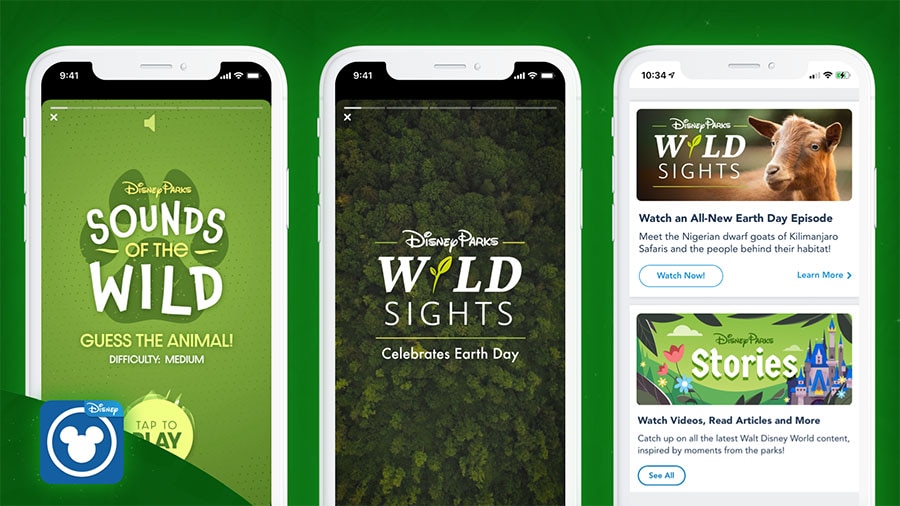 Screenshots of Sounds of the Wild and Wild Sights on the My Disney Experience app