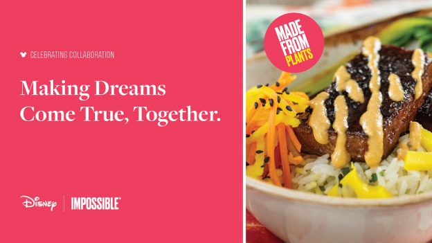 Disney and Impossible collaboration graphic with image of Boneless Impossible™ Korean Short Ribs with Cilantro-Lime Rice, Danmuji Slaw, and Kimchee Mayonnaise
