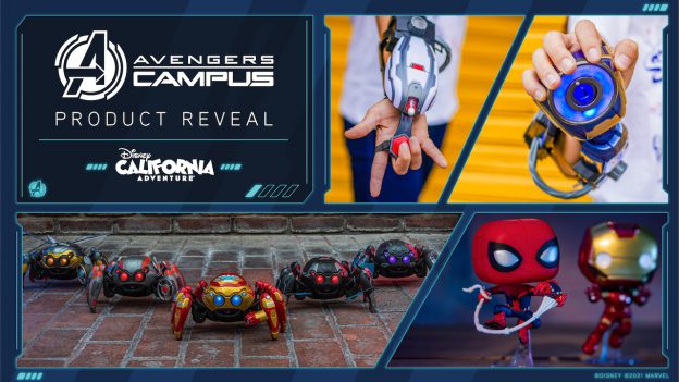 Collage of merchandise items found at Avengers Campus