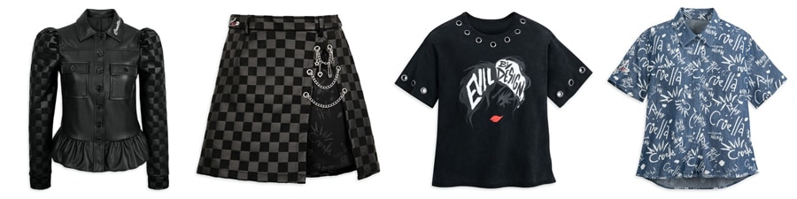 Her Universe collection inspired by Cruella: Cruella Faux Leather Jacket and matching edgy Faux Leather Skirt, Cruella Fashion T-Shirt with metal grommets, and Woven Shirt with graffiti print