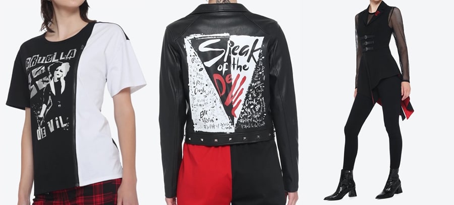 Her Universe Disney Cruella Punk ColorBlock Top, Her Universe Disney Cruella Speak of the Devil Moto Jacket and Her Universe Cruella Embroidered Waistcoat available at Hot Topic