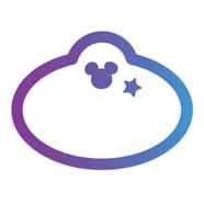 Icon of white Disney name tag outlined with purple to blue gradient with Mickey Mouse silhouette and star