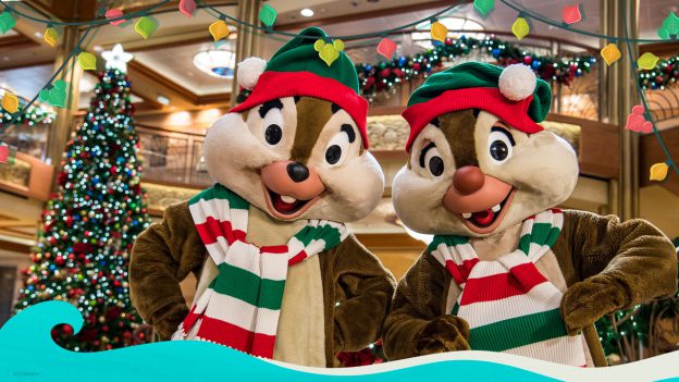 Chip and Dale in holiday attire aboard Disney Cruise Line