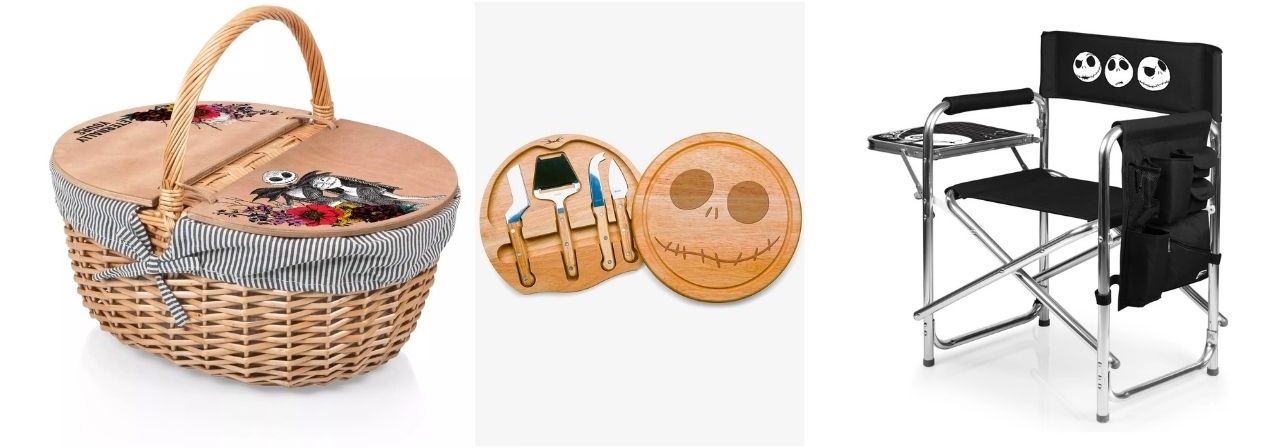 Jack and Sally – Country Picnic Basket, “The Nightmare Before Christmas” Jack Cheese Board & Tools Set, and the Jack Skellington Sports Chair
