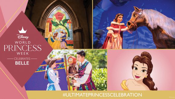 Graphic of Belle-inspired experiences at Disney parks