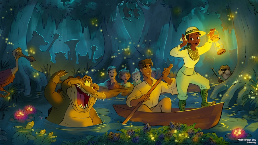 Artist rendering of “The Princess and the Frog”-themed updates coming to Splash Mountains at Walt Disney World and Disneyland Resorts