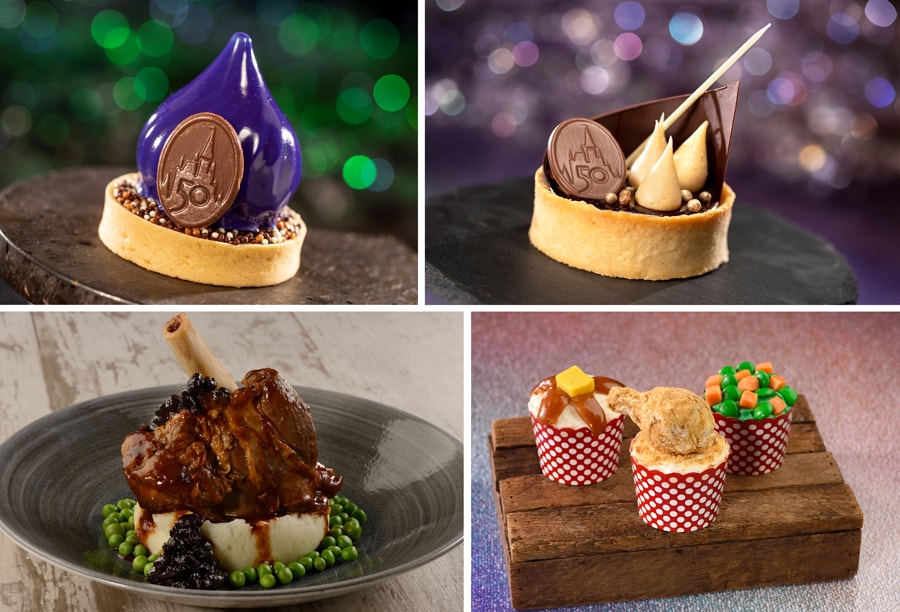 Chocolate Mousse with a cardamom financier, 50th Anniversary Peanut Butter-Banana Pie, Braised Lamb Shank, and Chicken Dinner Cupcake Trio  The World’s Most Magical Celebration  