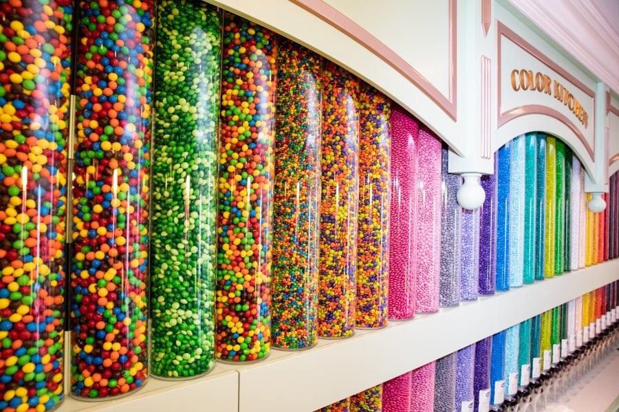 M&M color wall display at the Main Street Confectionery