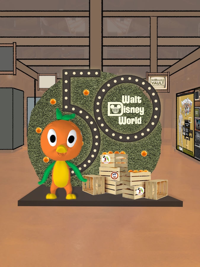 Museum-like display of Orange Bird inspired by the Vault Collection at the Marketplace Co-Op at Disney Springs