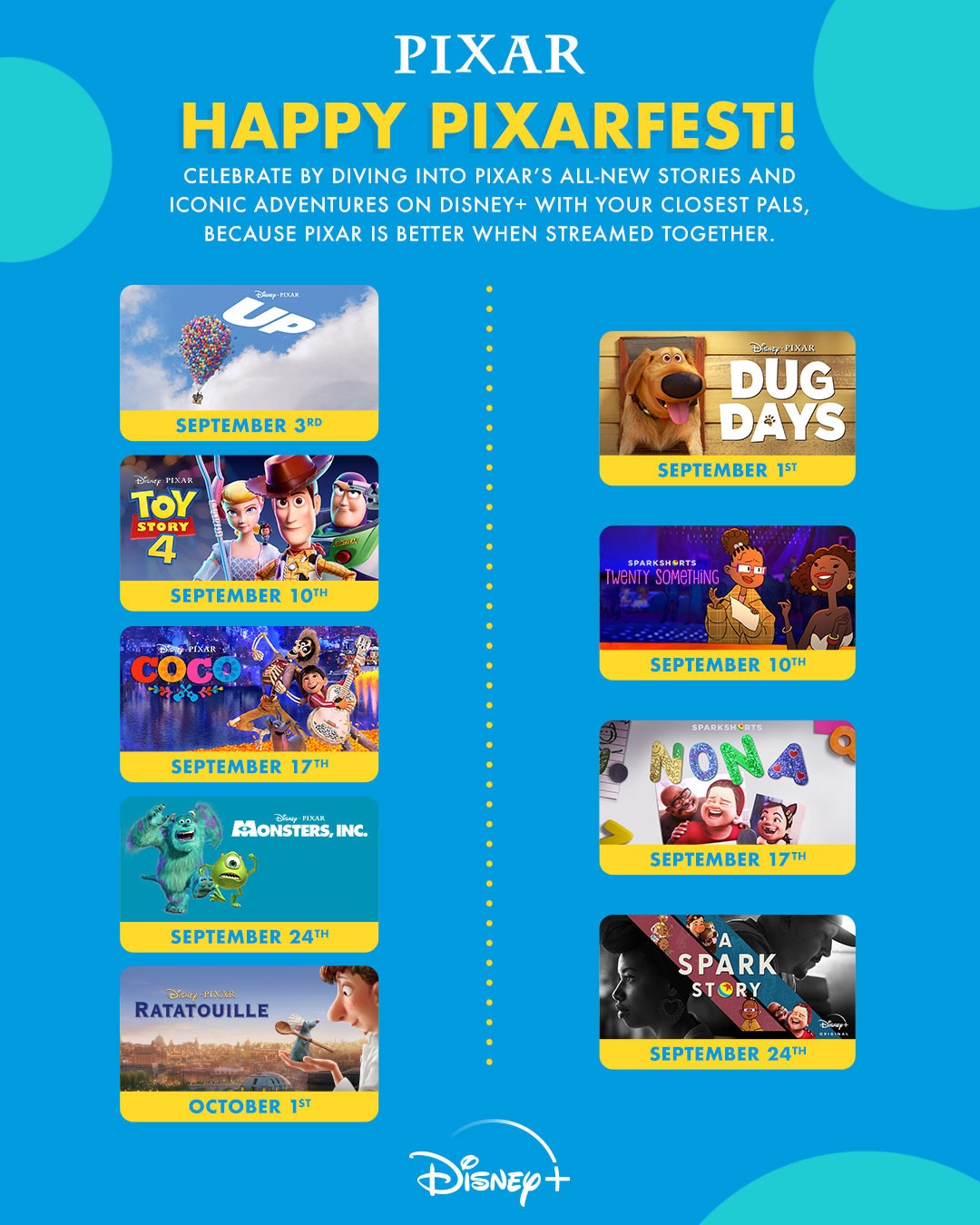 Graphic is the 2021 Pixar Fest film festival schedule