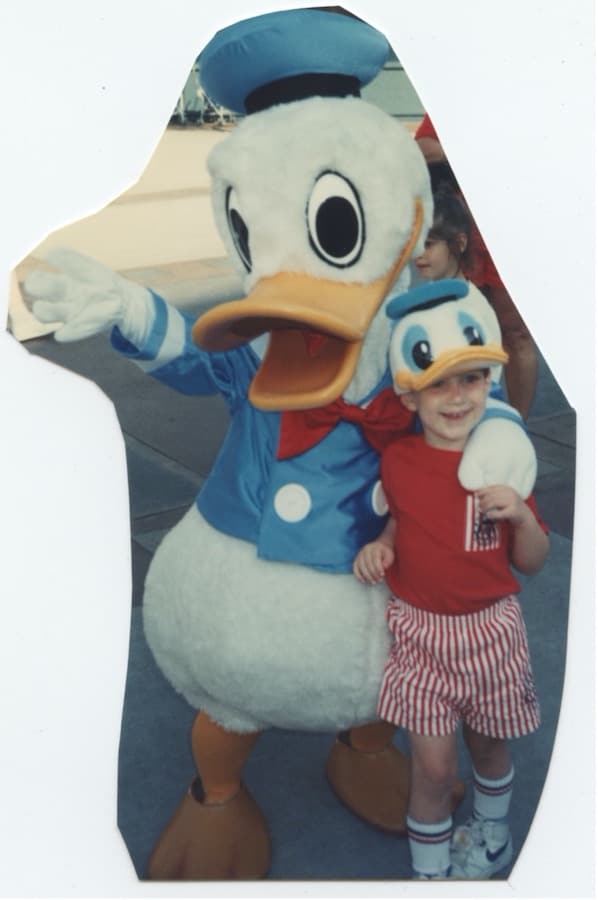 Young Kevin palling around with Donald Duck at Disney’s Hollywood Studios, 1990.