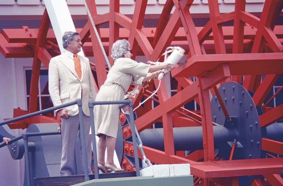 Lilly christening the riverboat with Donn Tatum, then chairman of the board, Walt Disney Productions