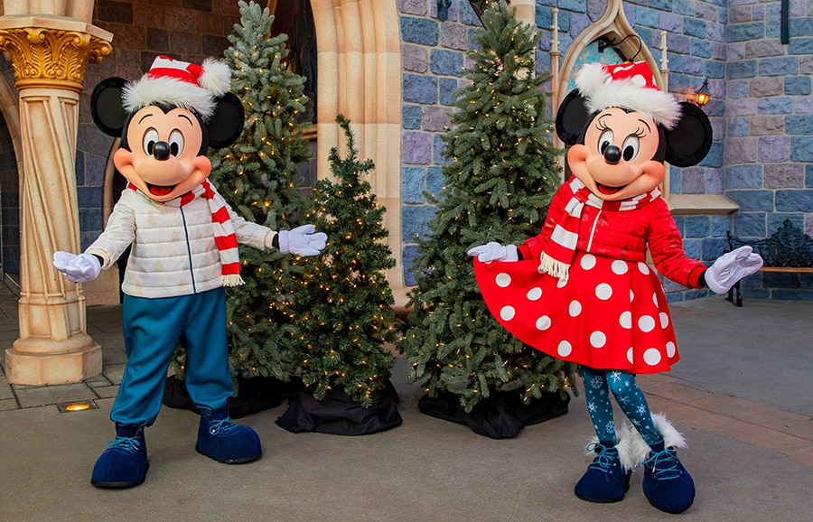 Mickey and Minnie in new holiday outfits at Disneyland Resort