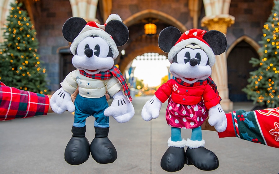 Mickey and Minnie plushies with matching holiday outfits