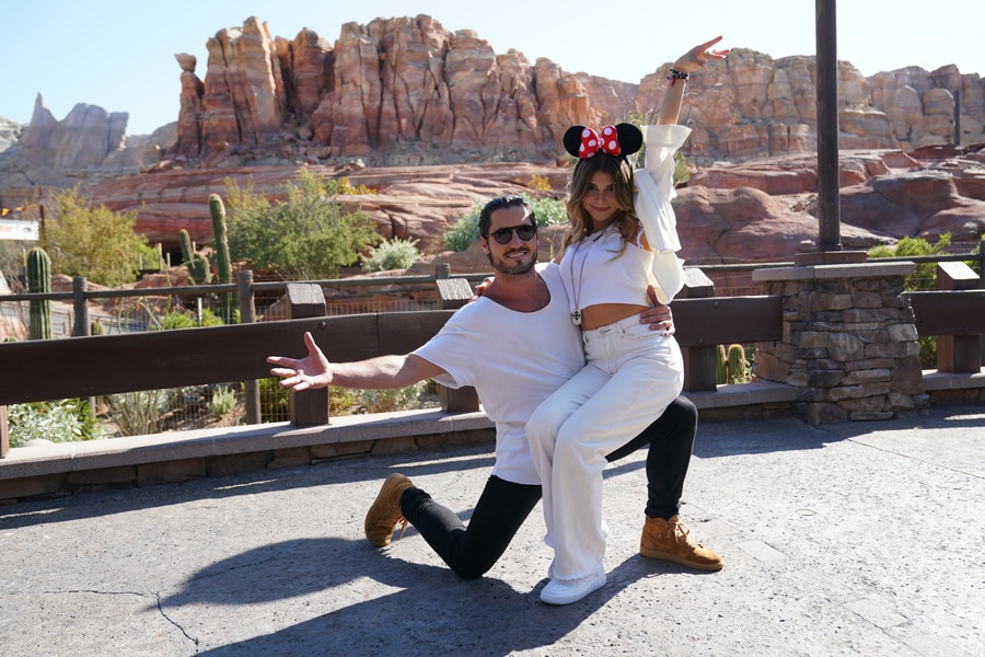 Val Chmerkovskiy and Olivia Jade pose in Cars Land at Disney California Adventure park before 